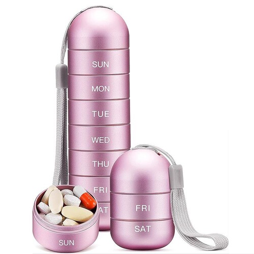 Metal portable pill box for one-week travel in Japan. Convenient sealed small medicine bottle storage portable medicine box for elderly people traveling in Japan.