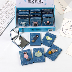 Ins leather face cute girl heart small mirror portable foldable mirror makeup mirror for students handheld dual-sided mirror