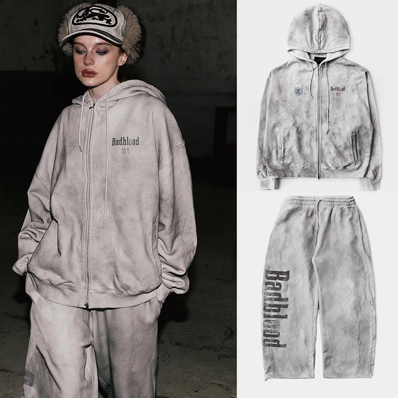 Badblood White Tie-Dye Vintage Print Autumn and Winter Hooded Jacket Wide-Leg Pants Set Casual Fashion Casual