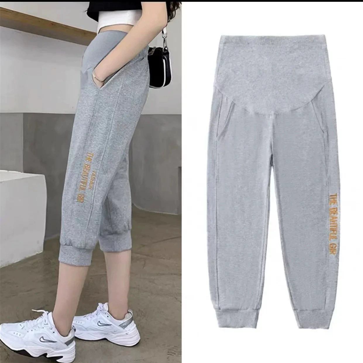 Летняя одежда для беременных, модная верхняя одежда, леггинсы большого размера с поддержкой живота, брюки для беременных, весенние и летние тонкие хлопковые спортивные брюки три четверти