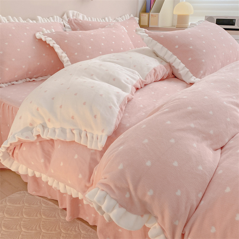 珊瑚牛奶绒床上四件套冬季加厚公主花边被套粉色冬天加绒床单
