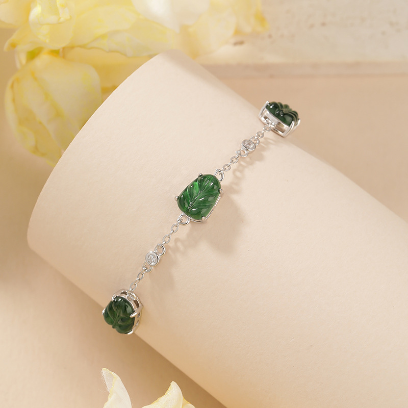 Pulsera de jade natural S925 Pulsera de hoja de plata esterlina para mujer, incrustaciones de plata, material peligroso, tipo de hielo, diseño de nicho, sentido avanzado al por mayor