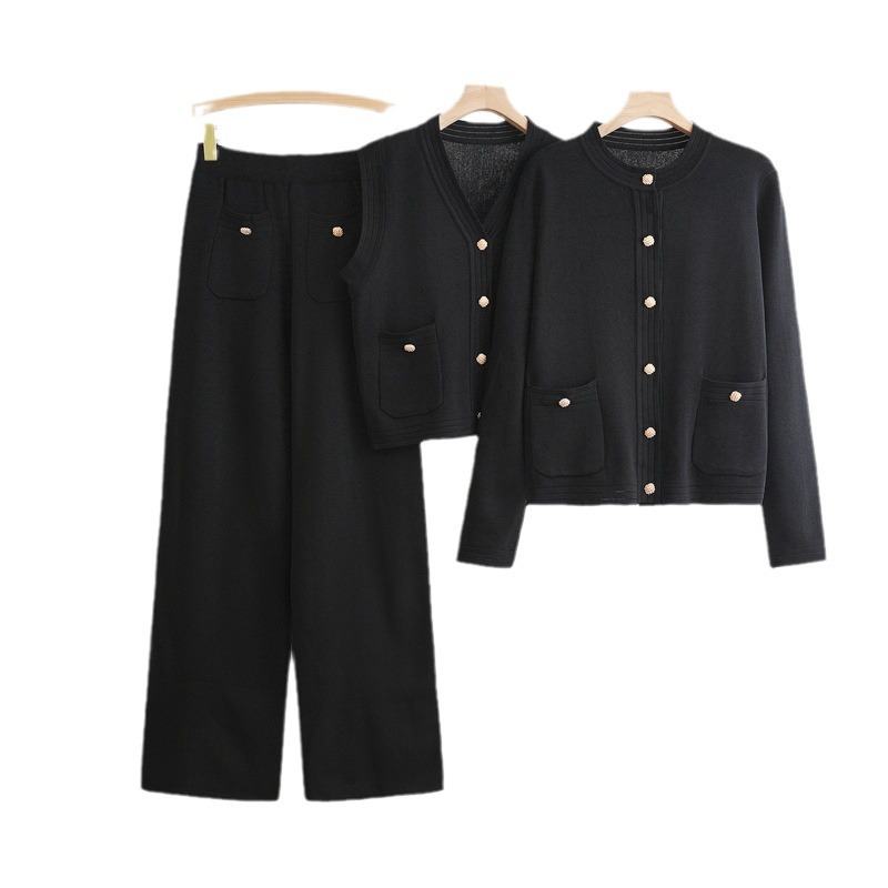 Women's Clothing Loose and versatile vest, wide leg pants, buttoned cardigan, three piece suit_voghion.com