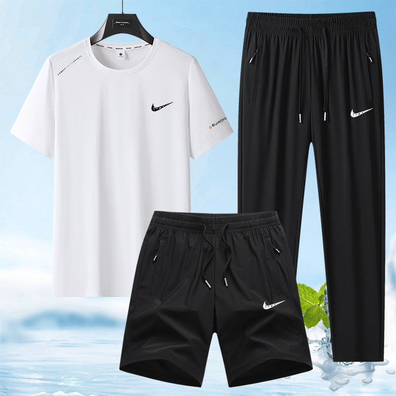 Summer Thin Casual Breathable Ice Silk Three-Piece Set for Men, Breathable and Loose-Fitting Men's Outdoor Running Sports Suit