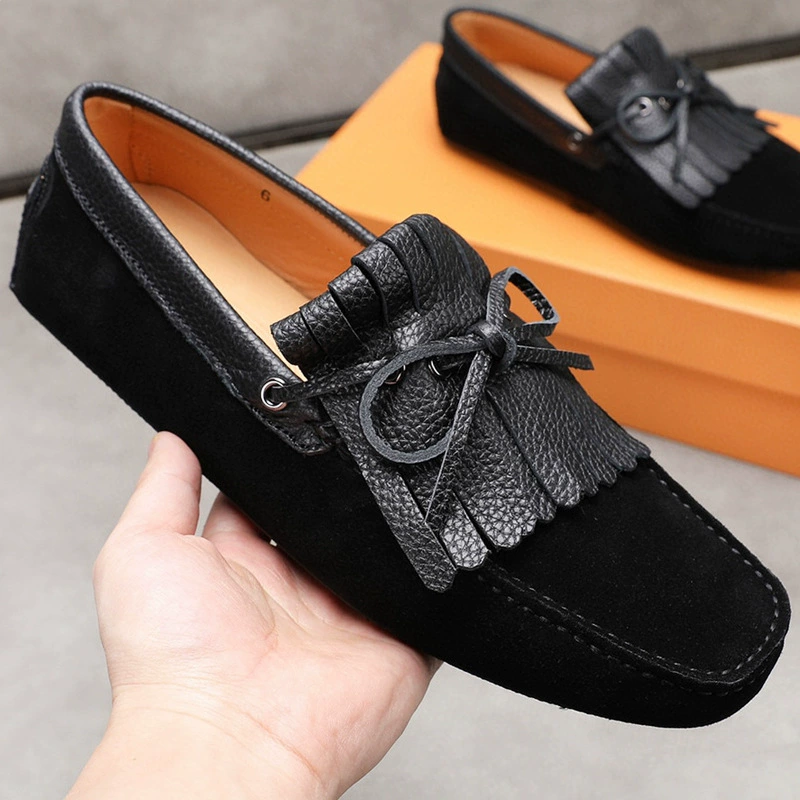 Европейские мужские повседневные кожаные туфли из синей нубука, туфли без шнуровки, туфли с кисточками, туфли на плоской подошве из натуральной кожи, туфли-бини