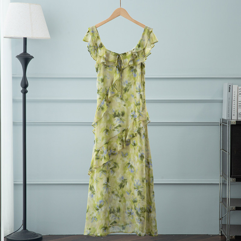 Green Square-Neck One-Shoulder Ruffled Floral Chiffon Dress for Women 2026 Summer New Style Irregular Long Skirt