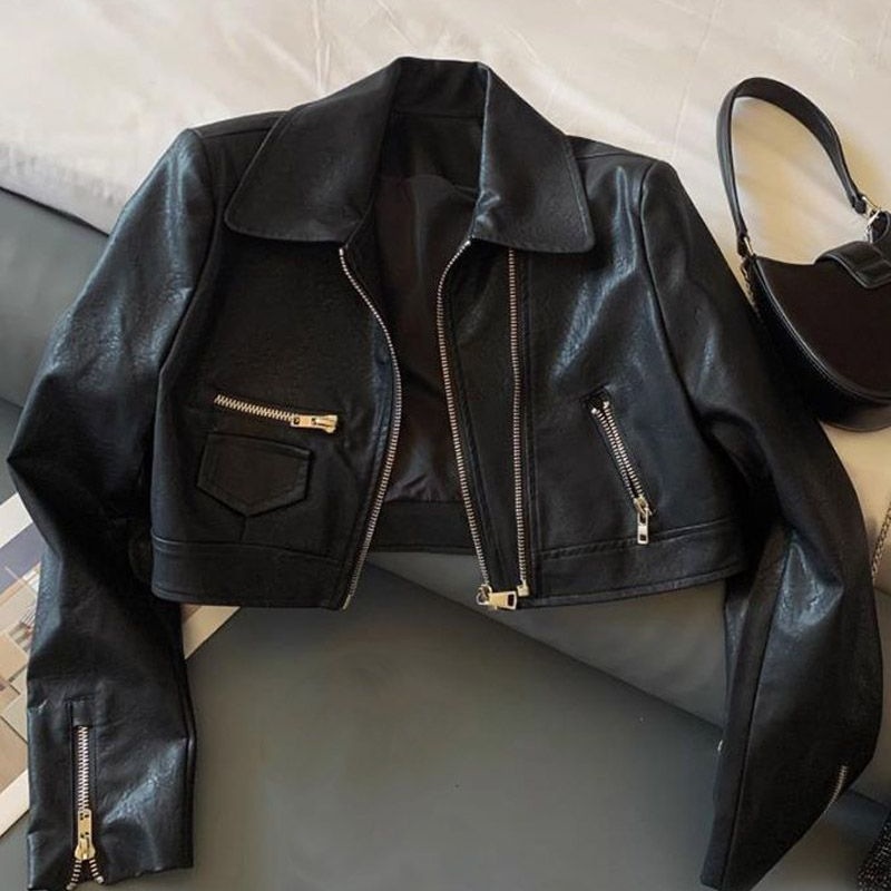 Black Leather Jacket for Women Spring and Autumn 2025 New Trendy Lapel Slim Biker Jacket Top Fashion