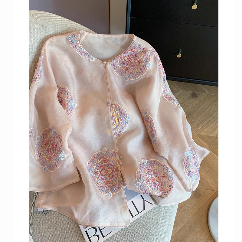 Cornus Powder New Chinese Embroidered Organza Thin Shirt Women's 2025 Spring New National Style Niche Elegant Top