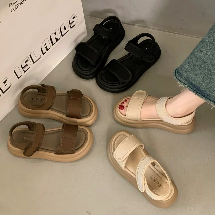 Модные женские римские сандалии на толстой подошве, лето 2025, новые, с круглым носком, однорядные, открытые, пляжная обувь