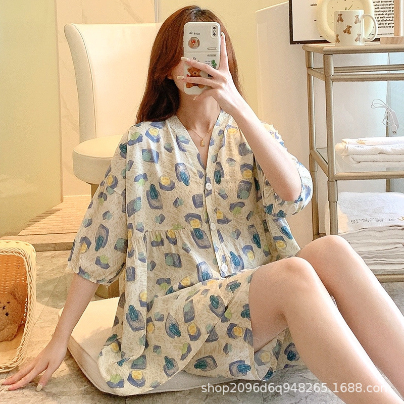 新しい女性用半袖コットンシルクパジャマ、夏用人工綿ホーム服、日本製カーディガン、大きいサイズ、屋外で着用できるコットンシルクスーツ|undefined