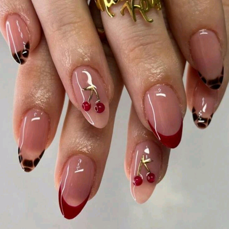 3D Cherry Cross-Border Hot-Selling Wearable Nail Tips, French-Style Red Short Almond-Shaped Nail Tips, Finished Nail Products Wholesale