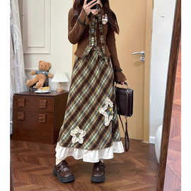 可可松露 甜美风套装毛针织开衫上衣女2025秋冬格纹绣花长裙子潮