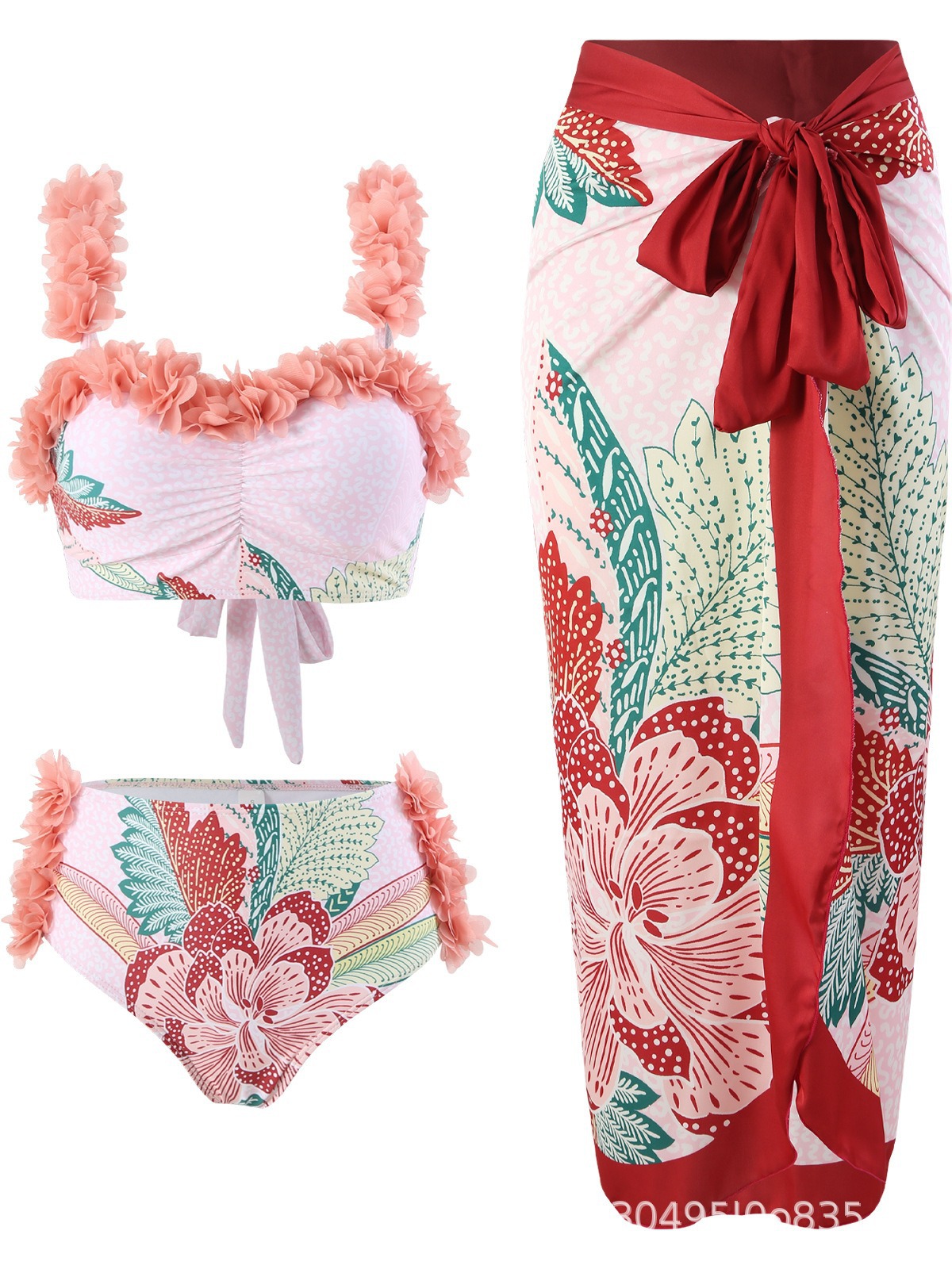 Traje de baño retro de moda para mujer, estilo primavera 2024, con estampado de primavera, sexy, con cordones, dividido, conjunto de tres piezas, falda de playa, bikini