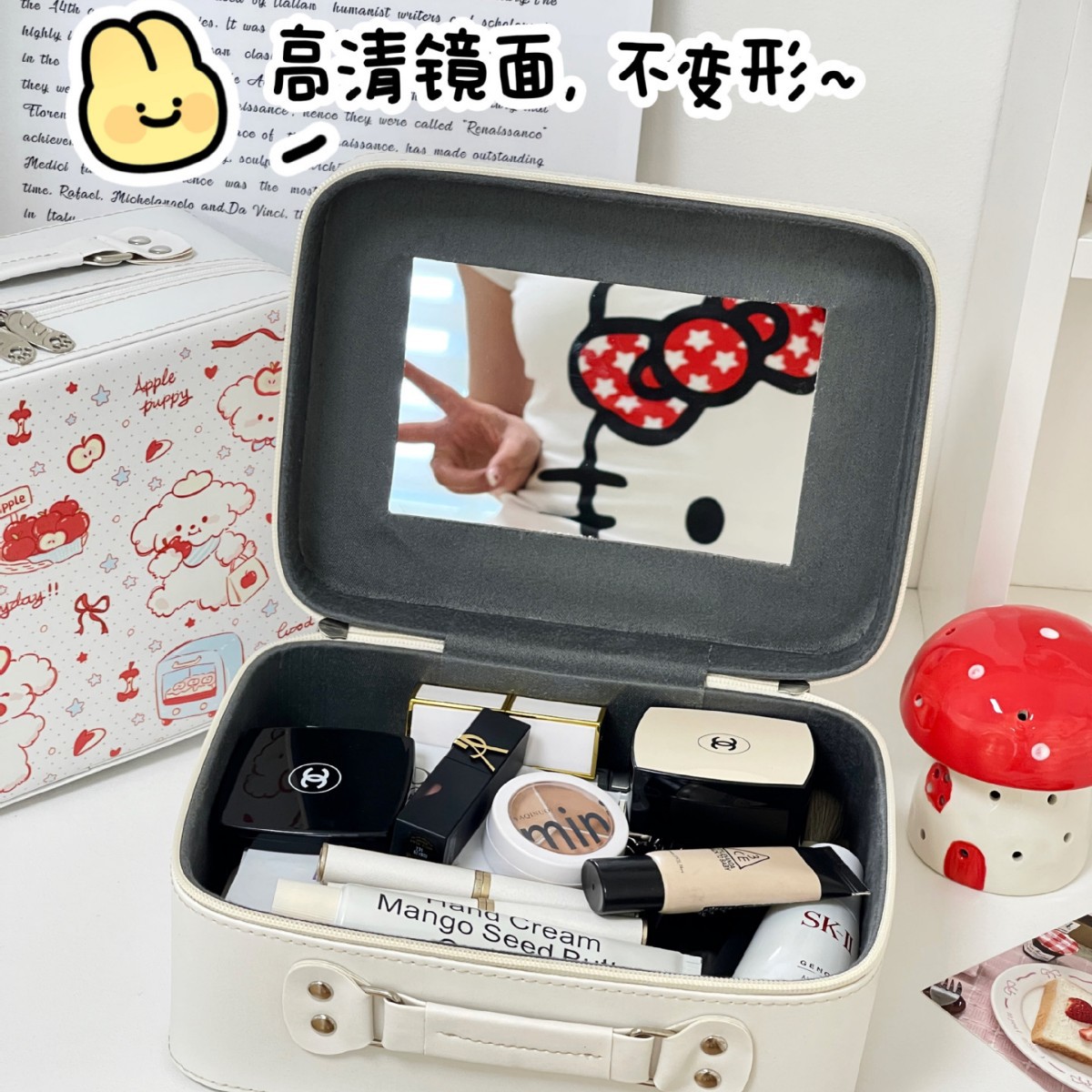 Bolsa de cosméticos con espejo, caja de cosméticos portátil de gran capacidad para mujer, maleta, bolsa de almacenamiento de cosméticos lindo de viaje impermeable