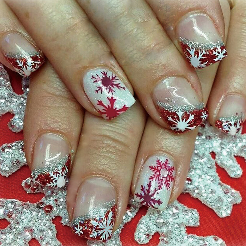 Red Christmas Snowflake Nail Patch Removable Nail False Nail Sweet Wear Nail Brilliant Powder Cartoon 24 Pieces