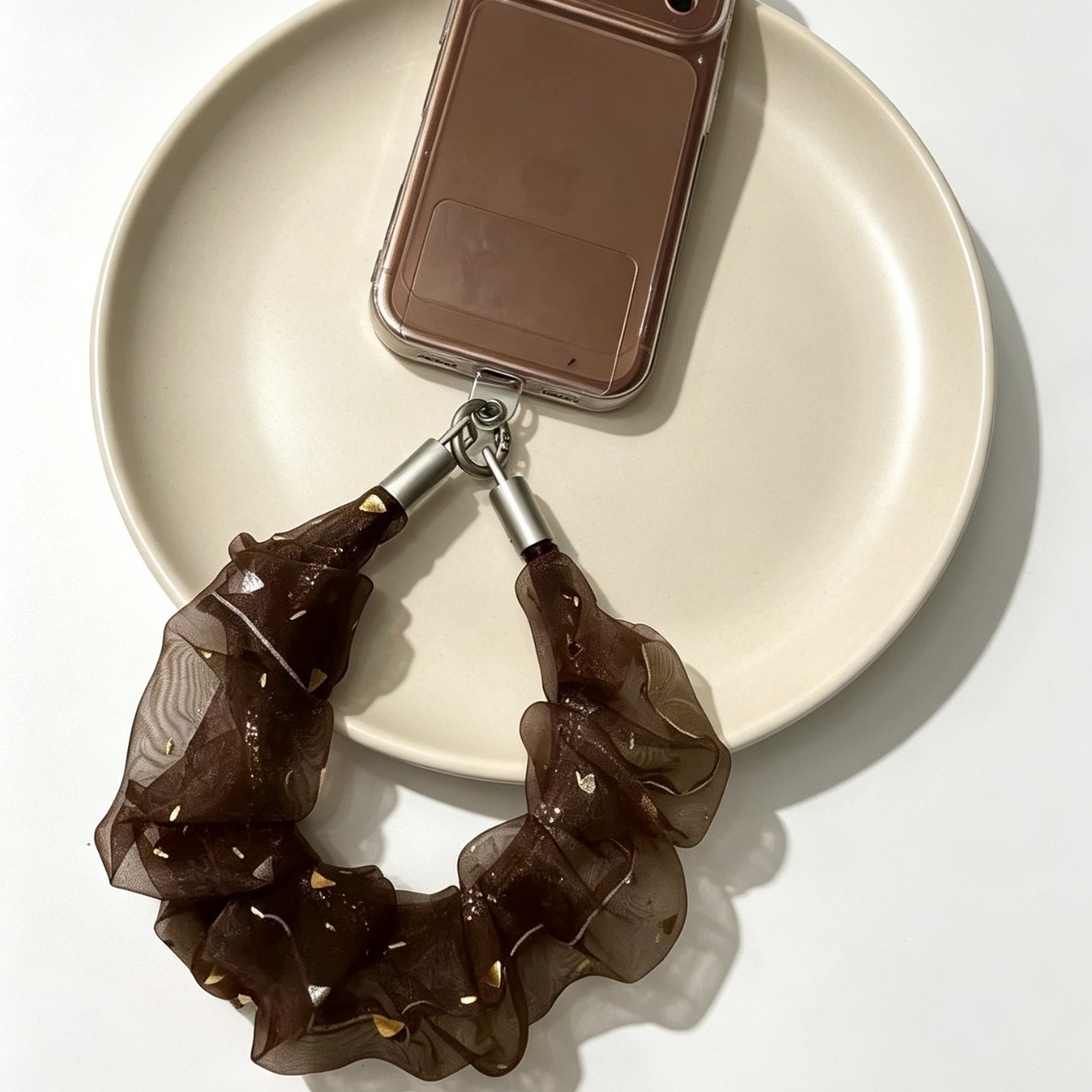 Korean-style gold-embossed mesh hair tie, large and long, with a casual vibe, Korean-style crossbody phone strap