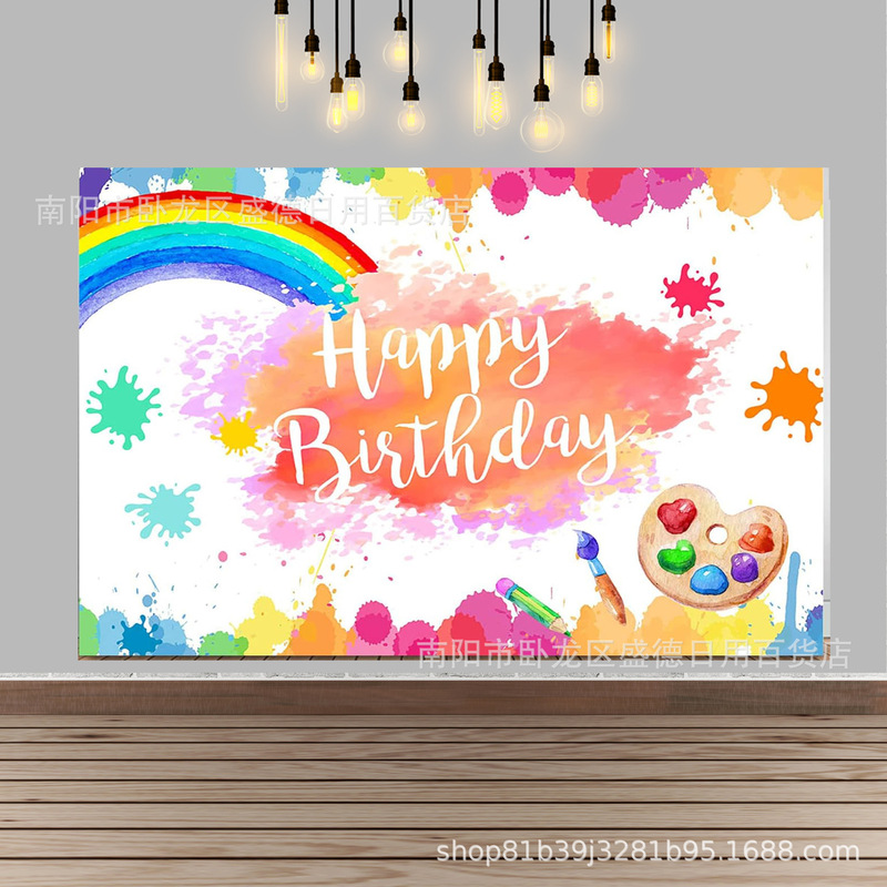 Happy Birthday Paint Splash Art Painting Party Photography Backdrop Cloth Colorful Paintbrush Photo Decoration Banner
