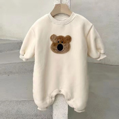 Korean version of ins infant and toddler cartoon bear plus velvet romper for baby boy in winter simple casual casual Western style one-piece harem