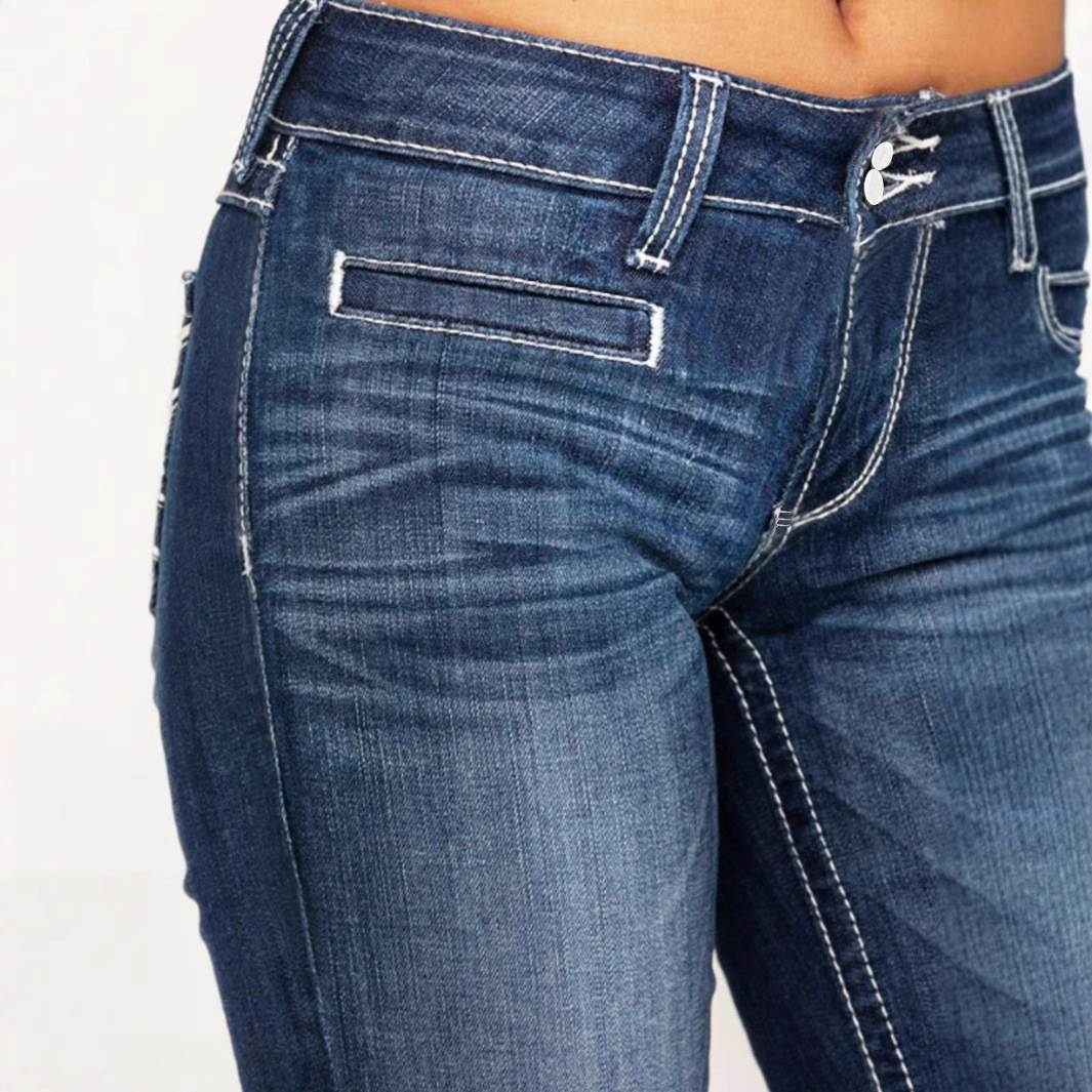 Women's Embroidered Stretch Jeans – Double Waist Straight Leg Denim Pants For Everyday Comfort_voghion.com
