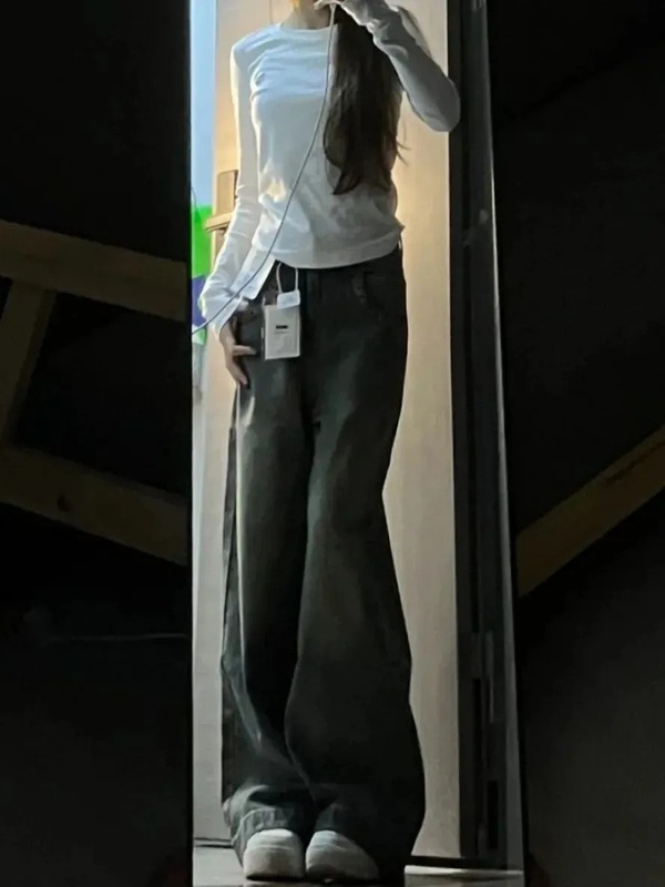 复古做旧阔腿牛仔裤女夏季新款高腰宽松显瘦垂感百搭拖地直筒长裤|undefined