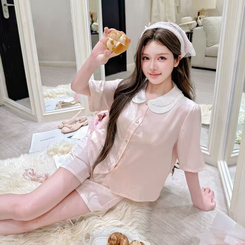 Ml085【Embroidered Double Collar】2026 Summer New Sweet and Cute Style Doll Collar Short Sleeve Shorts Homewear Ml085【Embroidered Double Collar】2026 Summer New Sweet and Cute Style Doll Collar Short Sleeve Shorts Homewear