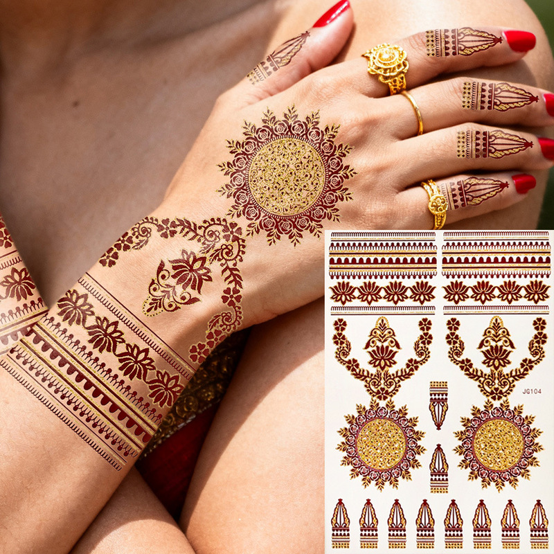 Cross-Border Best-Selling Golden Brown Indian-Style Henna Tattoo Stickers, Floral Hand and Foot Decoration Stickers, Temporary Body Art Stickers