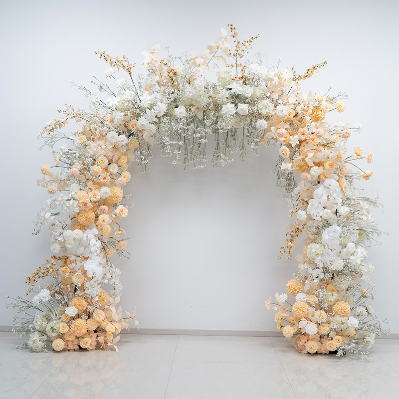 Champagne-Colored Baby's Breath Finished Arch Flower Arrangement Set, Wedding Backdrop Decoration, Outdoor Event Ceremony Artificial Flowers