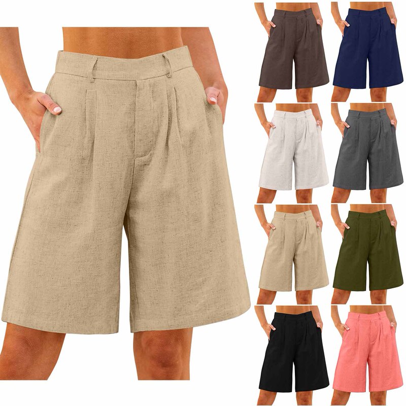 European and American Amazon Foreign Trade Women's Summer Cotton and Linen Solid Color Loose Straight-Leg Shorts with Pockets, Thin Style for Commuting European and American Amazon Foreign Trade Women's Summer Cotton and Linen Solid Color Loose Straight-Leg Shorts with Pockets, Thin Style for Commuting