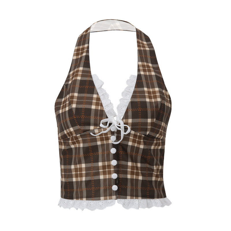 Vintage Plaid Halter Neck Vest Top For Women - Elegant French Style Summer Crop Tops, Sexy Sleeveless Chic Blouse_ecoleips.com