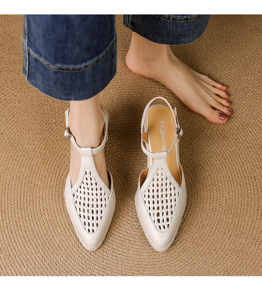 Sandal cao gót nữ hở mũi đế xuồng đan rơm, quai chữ T kiểu La Mã, gót 7.5 cm — màu trắng ngà, bạc chi tiết 7
