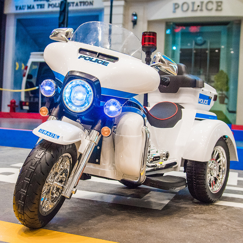 Niños policía motocicleta eléctrica triciclo niños y niñas bebé batería coche niños coche de juguete recargable puede sentarse