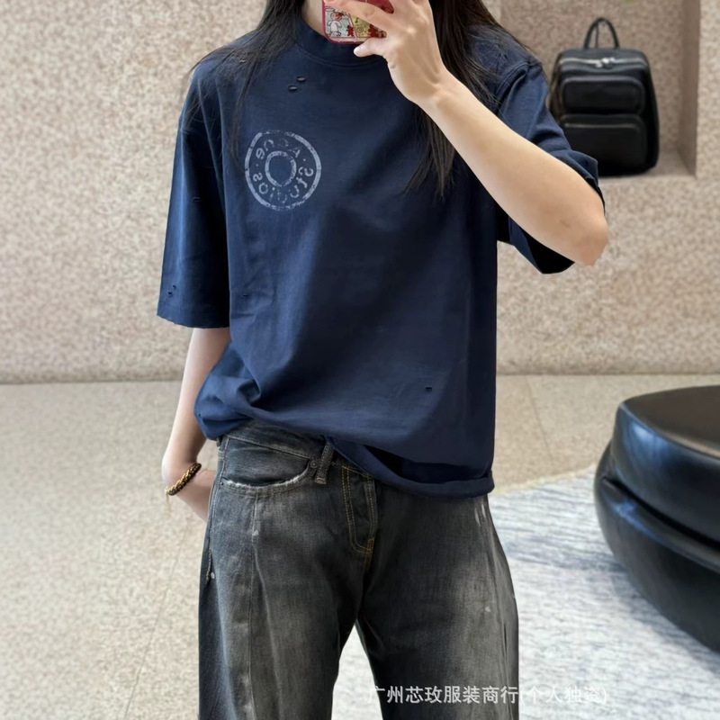 High-Quality~Ac Original 2026 New Korean-Style Elegant Round Disc Design Distressed Letter Print Navy Blue Short-Sleeve T-Shirt