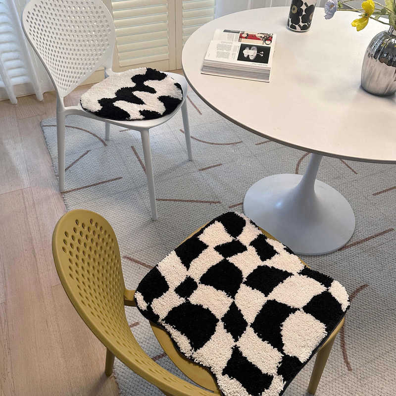 Ins Black and White Flocking Tufted Plush Carpet Square Chair Cushion Butt Dining Chair Cushion Office Chair Cushion Non-slip Ins Black and White Flocking Tufted Plush Carpet Square Chair Cushion Butt Dining Chair Cushion Office Chair Cushion Non-slip