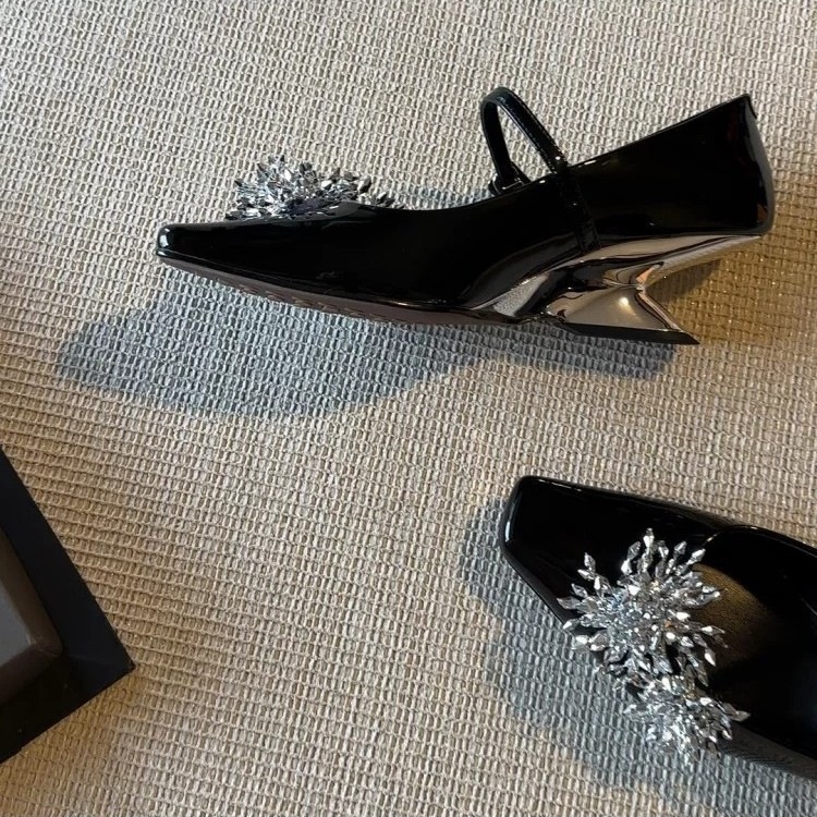Mary Jane shoes made of sheepskin leather wedge heel square toe with rhinestones with a strap, french style, genuine leather