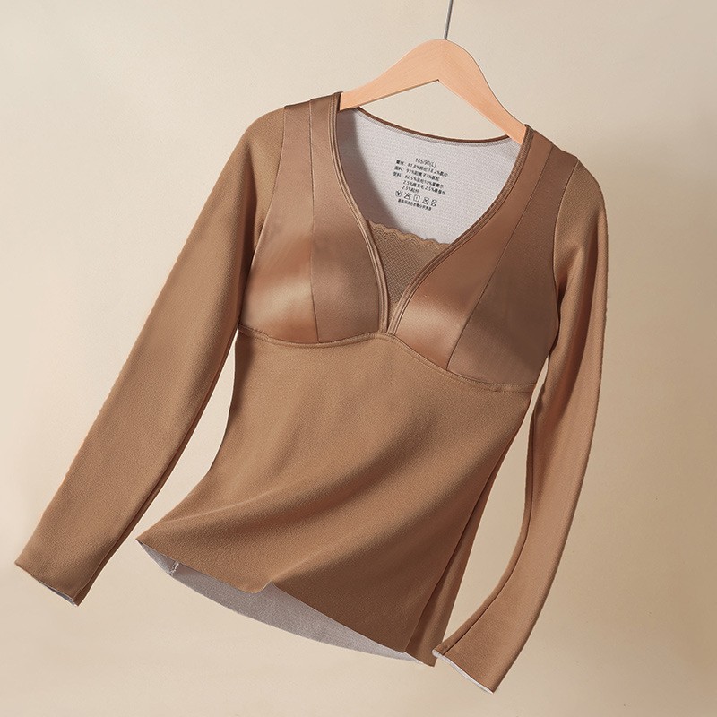 Otoño y invierno satin lana seda cálida mangas largas ropa interior molida damas con almohadilla de pecho para proteger el estómago de la camiseta delgada camiseta superior