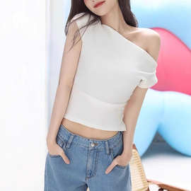 李某桐同款白色不规则斜肩短袖t恤女夏辣妹修身显瘦短款露肩上衣