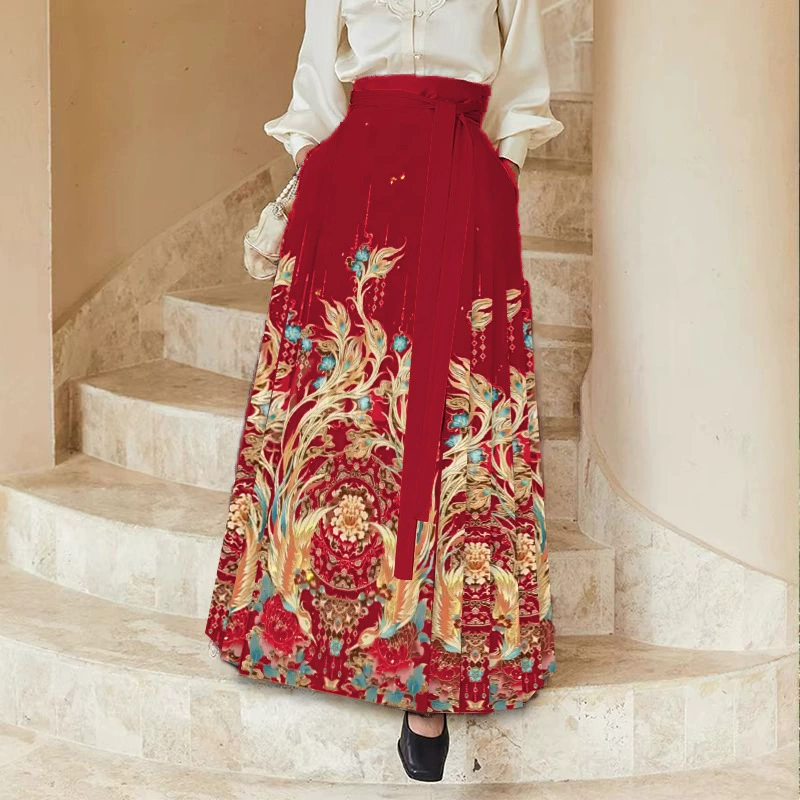 Комплект юбок Ma Mian для женщин: новая плиссированная юбка Hanfu в китайском стиле, больших размеров с чувством изысканности [Double Phoenix Harmonizing].