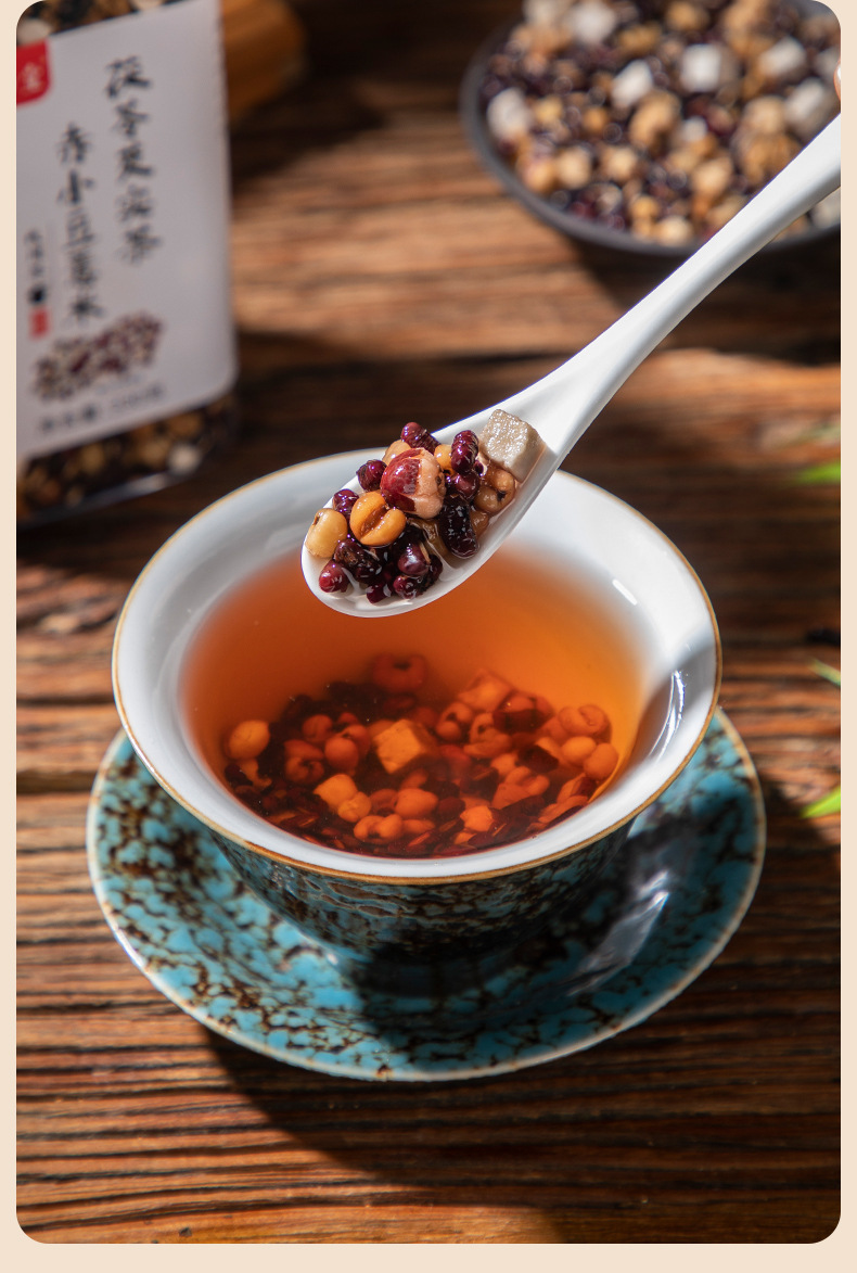 Three-Steam Three-Sun Red Bean Poria Coix Tea (330g) — Roasted Herbal Blend with Euryale in use