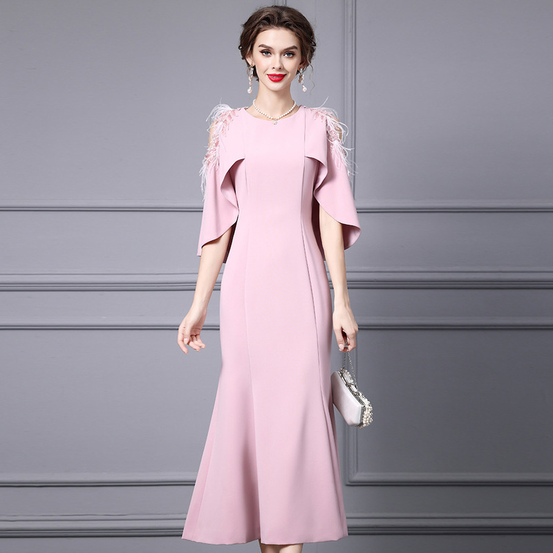 Zhili Women's New Spring Dress Pink Formal Occasion Party High-End Slim Fit Long Fishtail Skirt