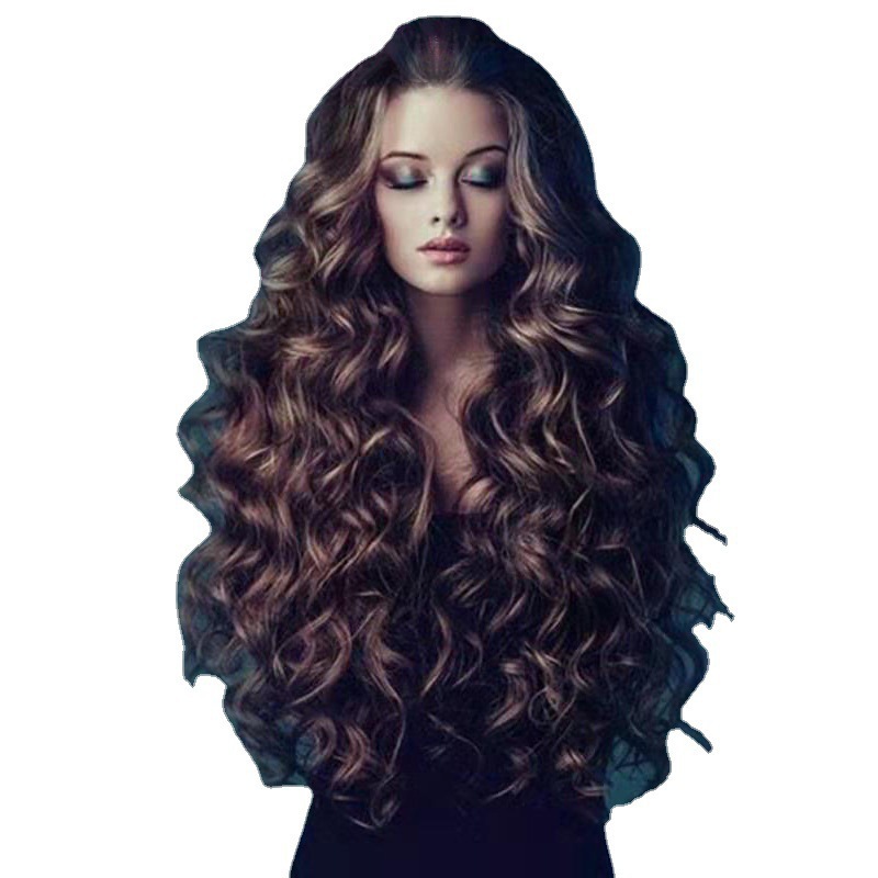 Perruque tendance pour femme, frange sur le côté, cheveux longs et bouclés, bonnet synthétique en soie haute température_voghion.com
