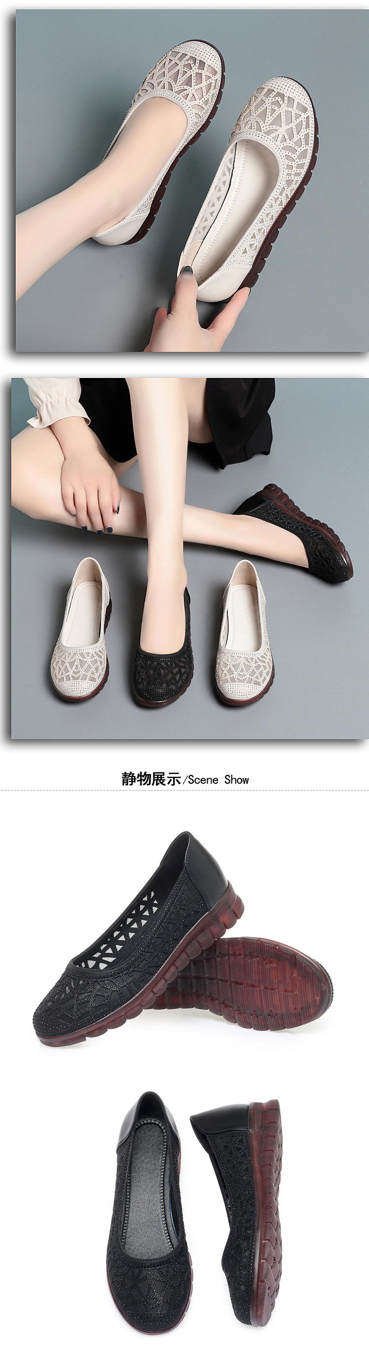Sandal nữ da bò lỗ thoáng khí đế mềm cao su bệt — Đen【Da bò lớp đầu】 chi tiết 6