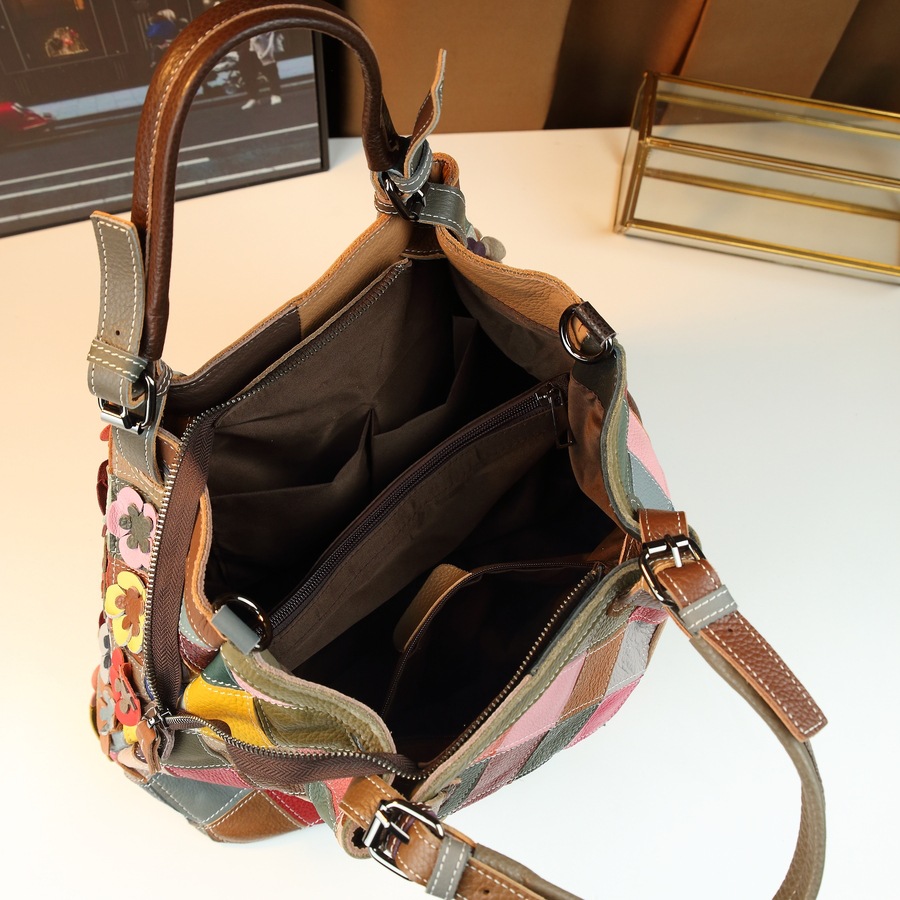 Retro Style Large Capacity Hand Woven Colorful Genuine Leather Patchwork Tote Bag Women's Casual Versatile Crossbody Bag_voghion.com
