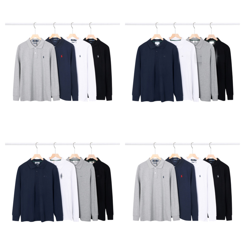 Cross-Border High-Quality Spring New Rl Laffy Pony Embroidered Small Label Business Casual Long-Sleeved Polo Shirt Pure Color Lapel