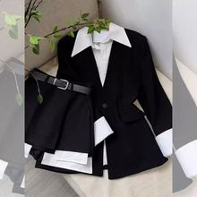 高级时装套装女秋季2023韩版气质西装外套拼接衬衫半身裙两件套潮