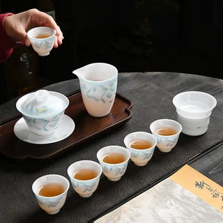 手绘冰种玉瓷茶具套装客厅家用泡茶盖碗茶杯功夫茶具简约送礼高档