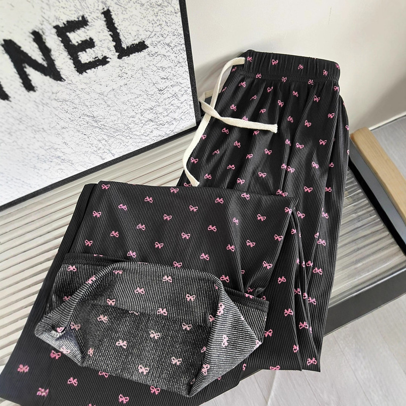 2025 Ice Silk Bow Print Wide Leg Pants Women's Summer Thin Cool Shake Pajamas Casual Walking Black Pants