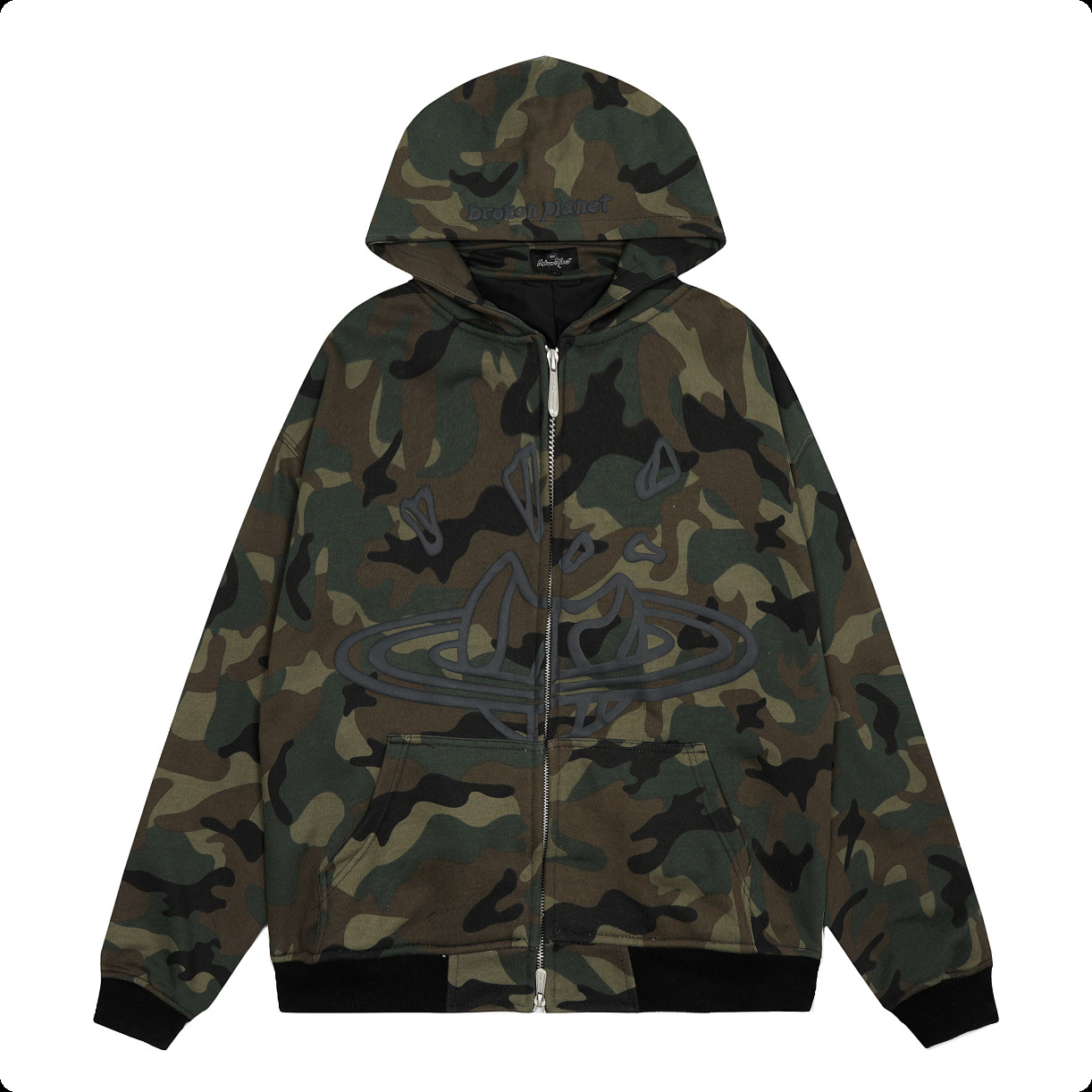 Broken Planet Camo Planet Zip-Up Hoodie Camo Green