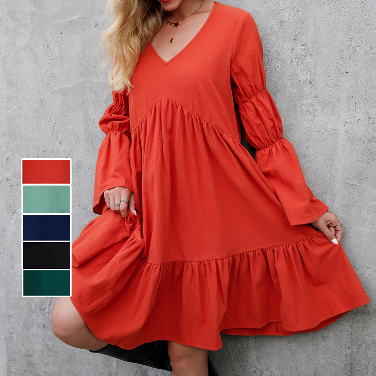 Fashion Solid Color V Neck Long Sleeve Ruffles Cotton Dresses Above Knee A-line Skirt display picture 9