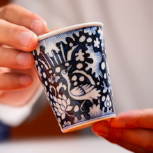 手绘元青花一鹭莲升直筒杯单杯主人杯复古功夫茶具景德镇陶瓷客杯