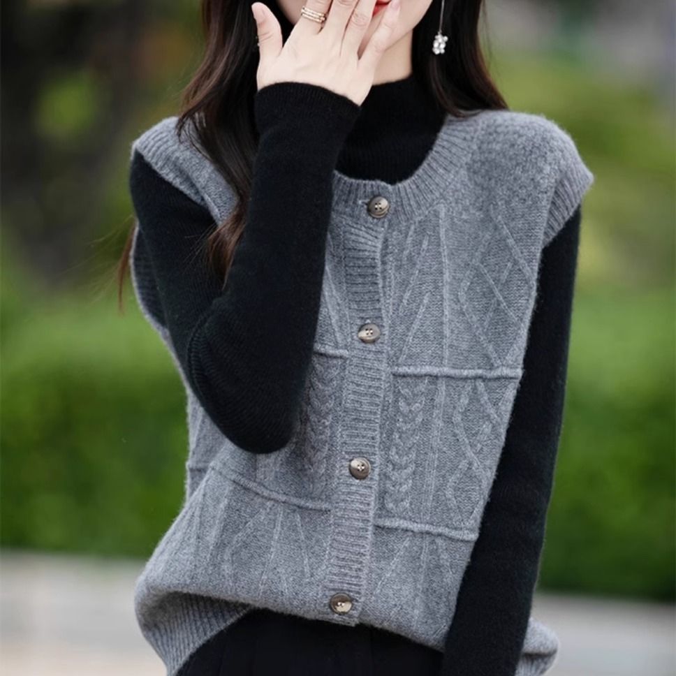 Demi-season solid cardigan with a round collar